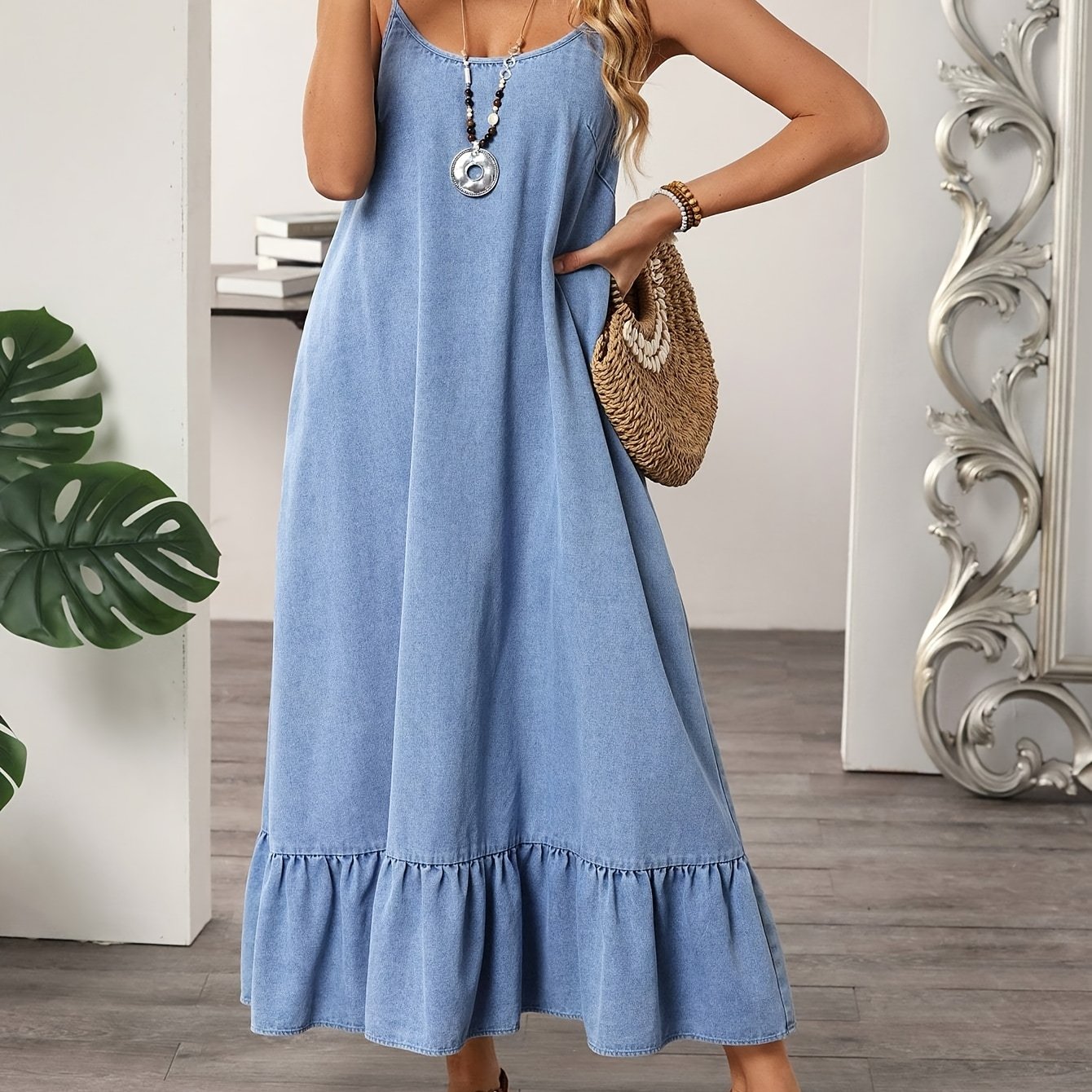 Ärmelloses Maxi-Jeanskleid in Hellblau für den Sommer