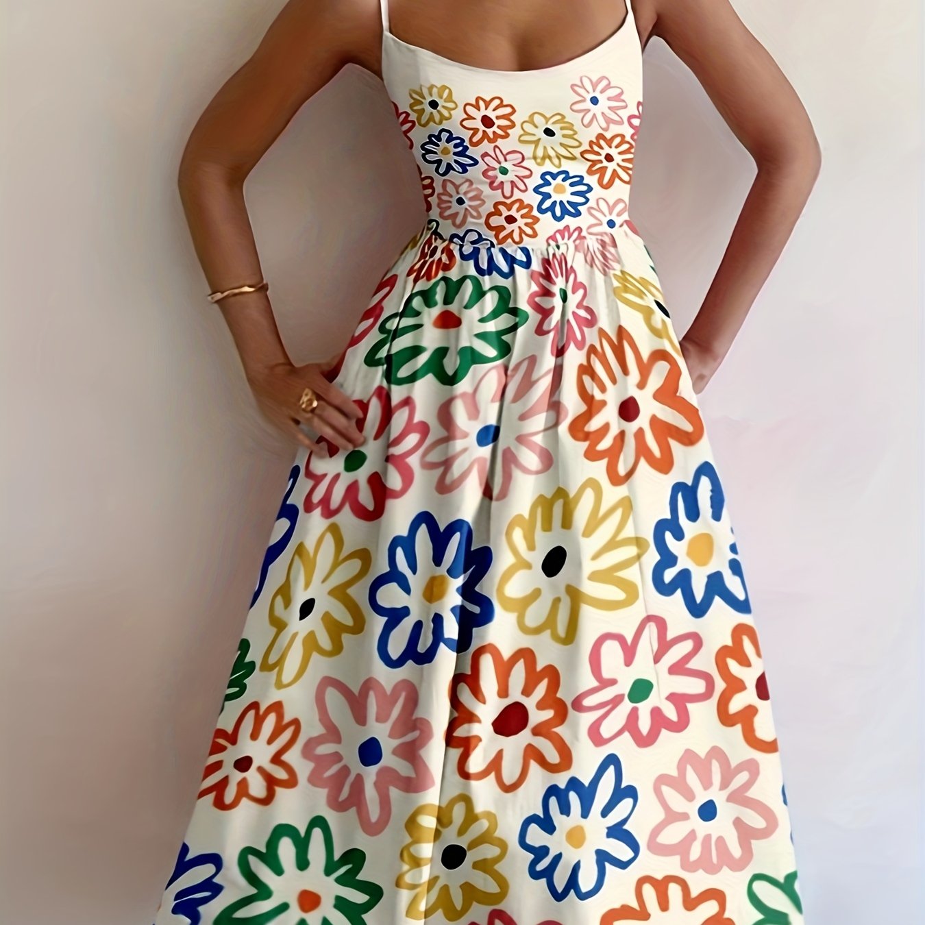 Weißes Maxikleid mit Blumenmuster, Carmen-Ausschnitt und Rüsche
