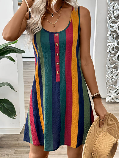 Ärmelloses Kleid mit bunten Streifen und Knöpfen
