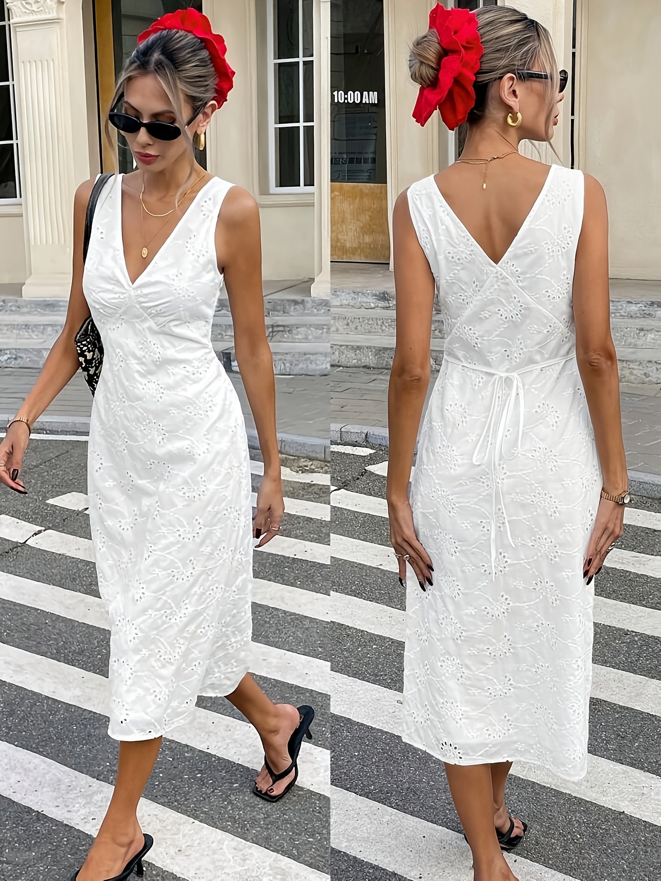 Elegantes weißes Spitzenabendkleid mit spitzem Ausschnitt und betonter Taille