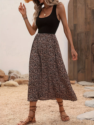 Geblümtes ärmelloses Sommer-Midikleid mit A-Linie in Schwarz und Kaffee