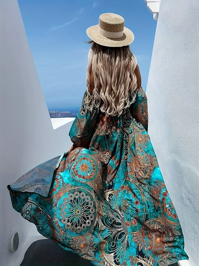 Spanisches Boho-Kleid mit Ethnomuster in Türkis