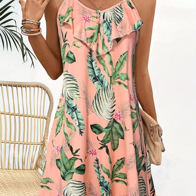 Sommerkleid mit Trägern und tropischem Muster in Korallenrot