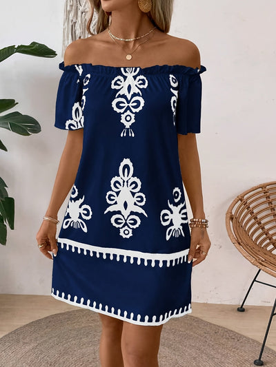 Antikes marineblaues Off-Shoulder-Kleid mit Blumenmuster