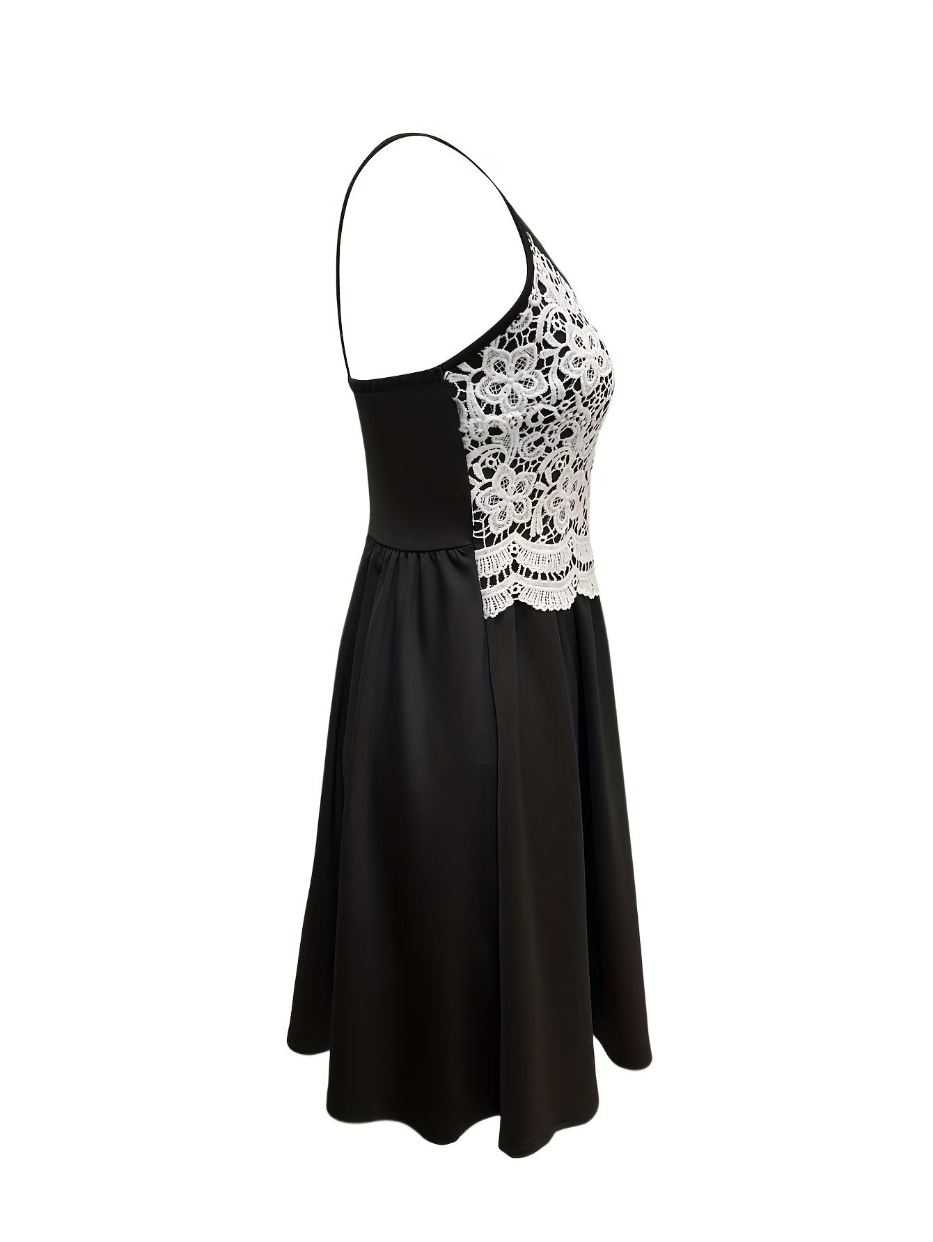 Ärmelloses V-Ausschnitt Sommerkleid mit Spitze Schwarz & Weiß, bequem für den Urlaub