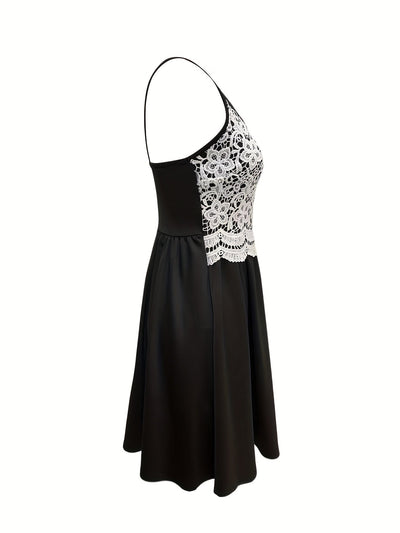 Ärmelloses V-Ausschnitt Sommerkleid mit Spitze Schwarz & Weiß, bequem für den Urlaub
