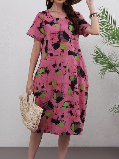 Elegantes Leinen-Midikleid mit ausdrucksstarkem abstraktem Muster