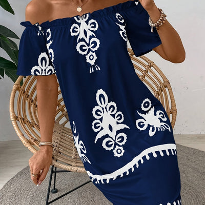 Antikes marineblaues Off-Shoulder-Kleid mit Blumenmuster