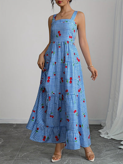 Sommerliches blau kariertes Maxikleid mit Kirschenprint und schmalen Trägern