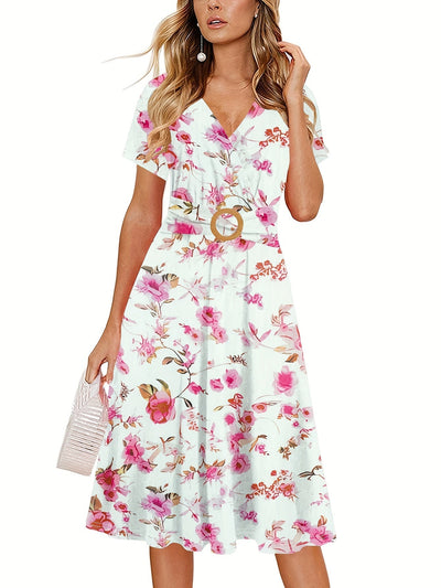 Elegantes Midikleid mit tropischem Blätterprint – V-Ausschnitt, kurze Ärmel