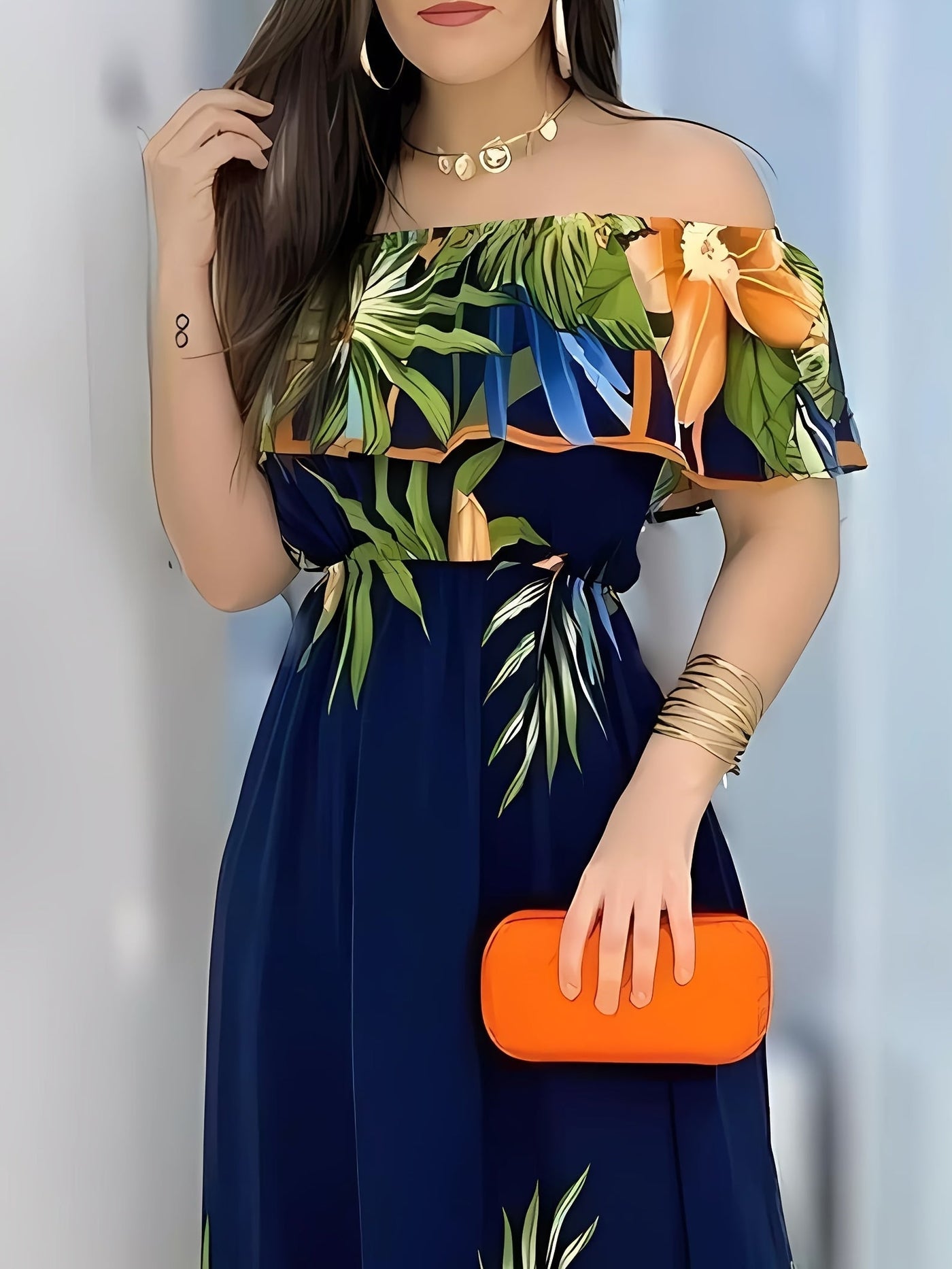 Tropisches Maxikleid mit offenen Schultern