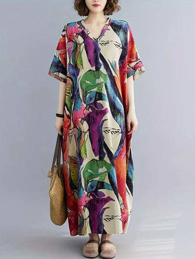 Luftiges Boho-Kaftan-Kleid – Plus Size, V-Ausschnitt, Taschen & Perfekt für Sommer & Urlaub