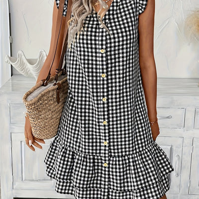 Schwarz-weißes Gingham A-Linien-Kleid mit V-Ausschnitt, kurzen Ärmeln, Reißverschluss und Rüschen