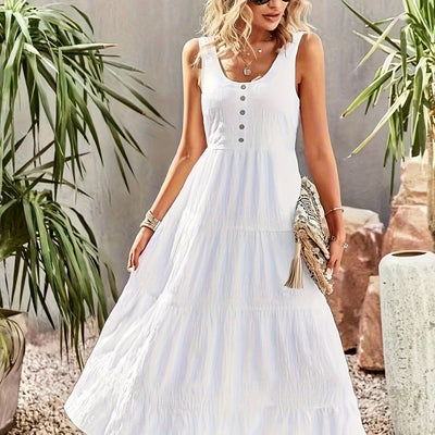 Damen Maxi-Kleid ohne Ärmel – Tiefer U-Ausschnitt, Weiß