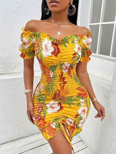 Gelbes, schulterfreies Bodycon-Sommerkleid mit Blumenmuster