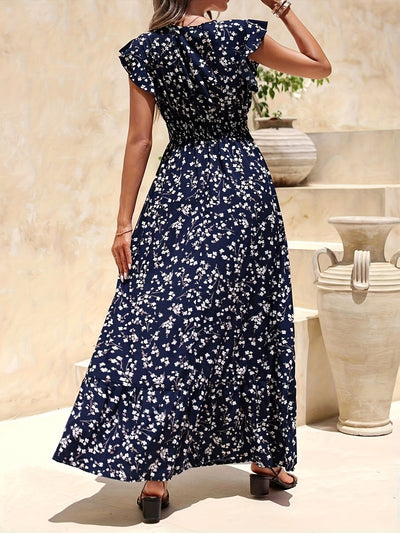 Elegantes Boho Maxikleid mit S-Ausschnitt - Florales Muster, gestufte Ärmel