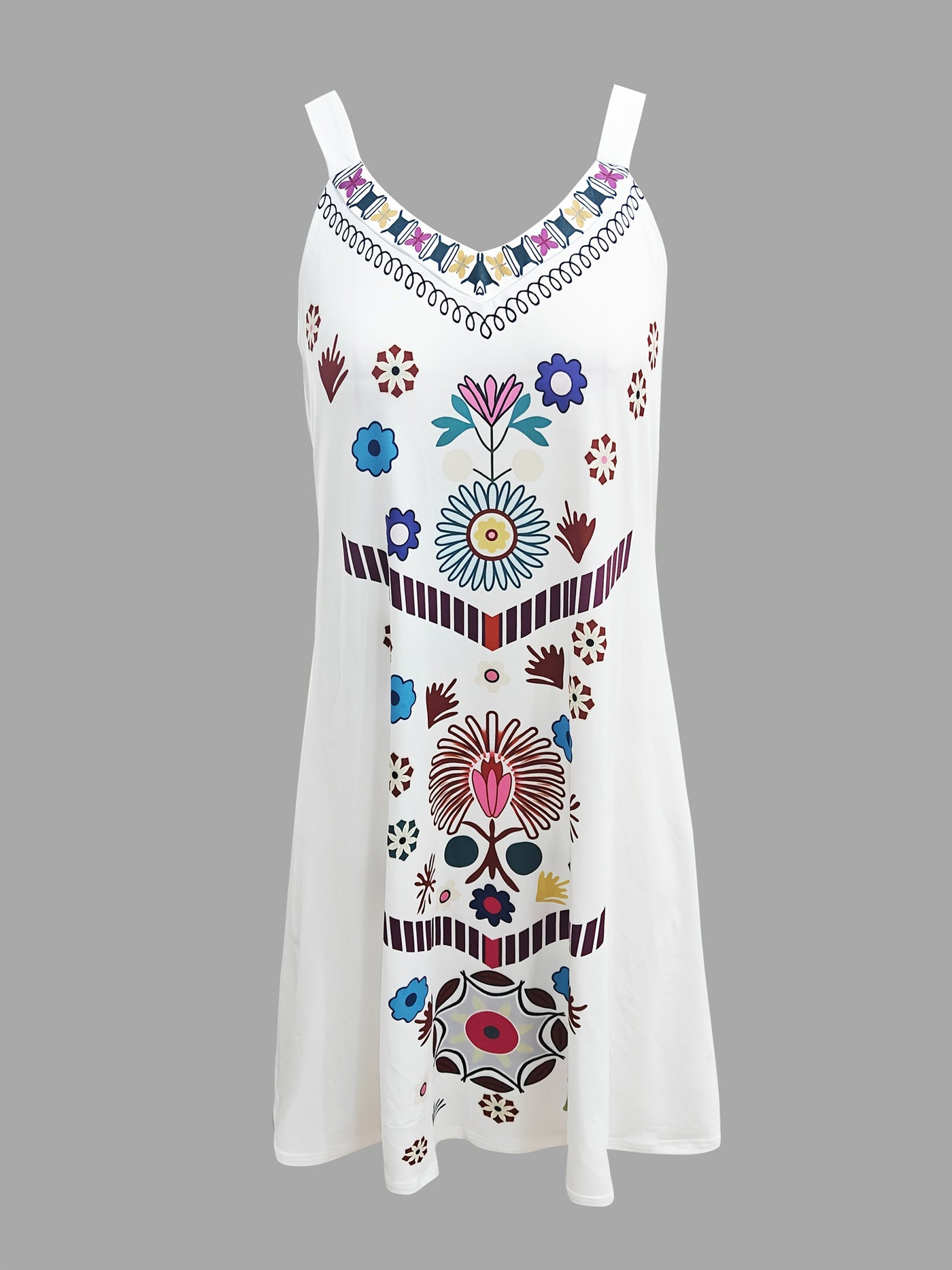 Luftiges weißes geblümtes Sommerstrandkleid mit verstellbaren Trägern