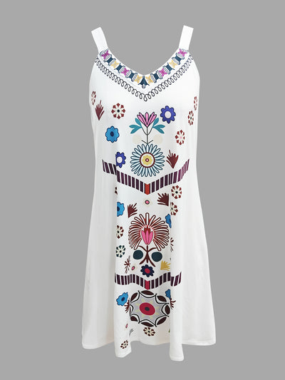 Luftiges weißes geblümtes Sommerstrandkleid mit verstellbaren Trägern