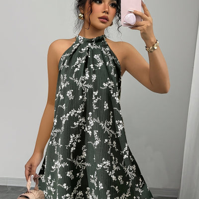 Elegantes Blumen-Halterkleid für Damen – Ärmelloses Mini-A-Linien-Kleid mit Schleife