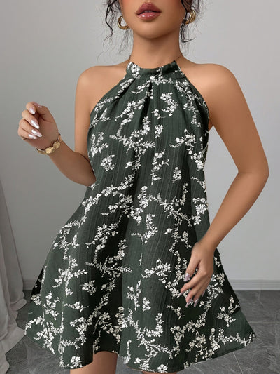 Elegantes Blumen-Halterkleid für Damen – Ärmelloses Mini-A-Linien-Kleid mit Schleife