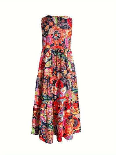 Orange Rotes Allover Print Rüschenkleid mit V-Ausschnitt, Ärmellos