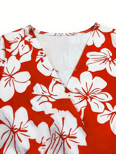 Rotes Bodycon-Kleid mit Blumenmuster Mini-V-Ausschnitt Kurze Ärmel