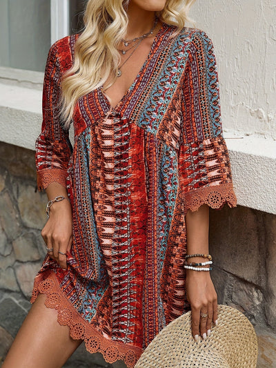 Elegantes V-Ausschnitt Kleid mit Spitze Leichtes Sommerkleid mit buntem Streifen