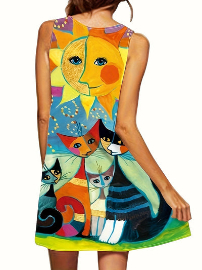 Ärmelloses Midi-Kleid mit Katzenmuster und V-Ausschnitt in Gelb – Sommerkleid für Damen