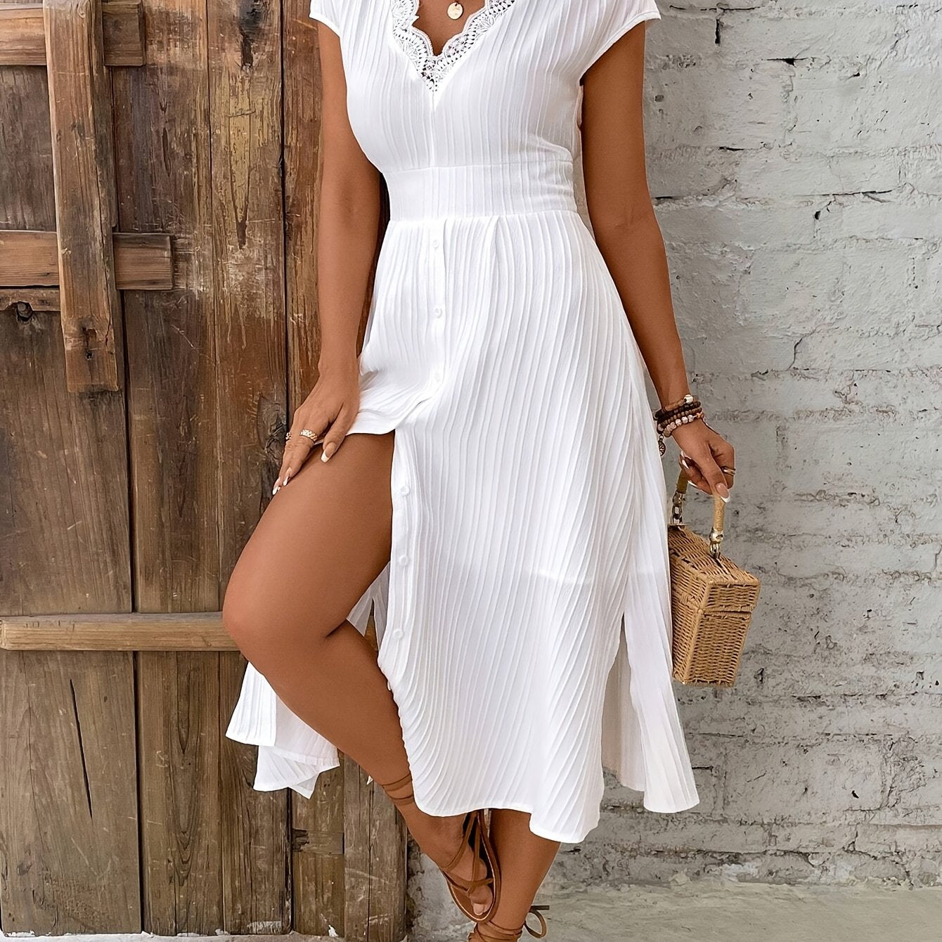 Elegantes Midikleid mit Spitze, V-Ausschnitt, kurzen Ärmeln Ideal für Hochzeiten und Dates