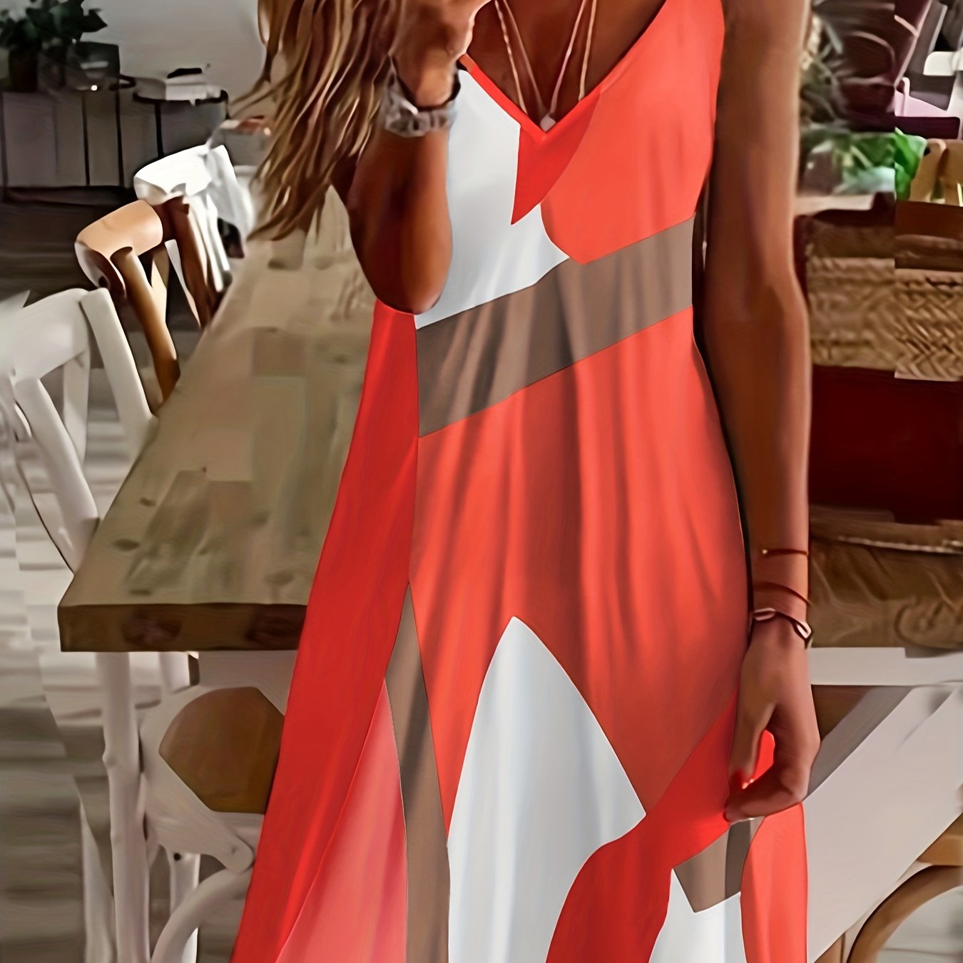 Midi-Kleid mit abstraktem Muster, orangefarben, Casual, mit V-Ausschnitt
