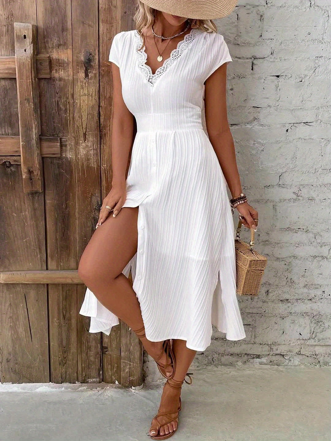 Elegantes Midikleid mit Spitze, V-Ausschnitt, kurzen Ärmeln Ideal für Hochzeiten und Dates