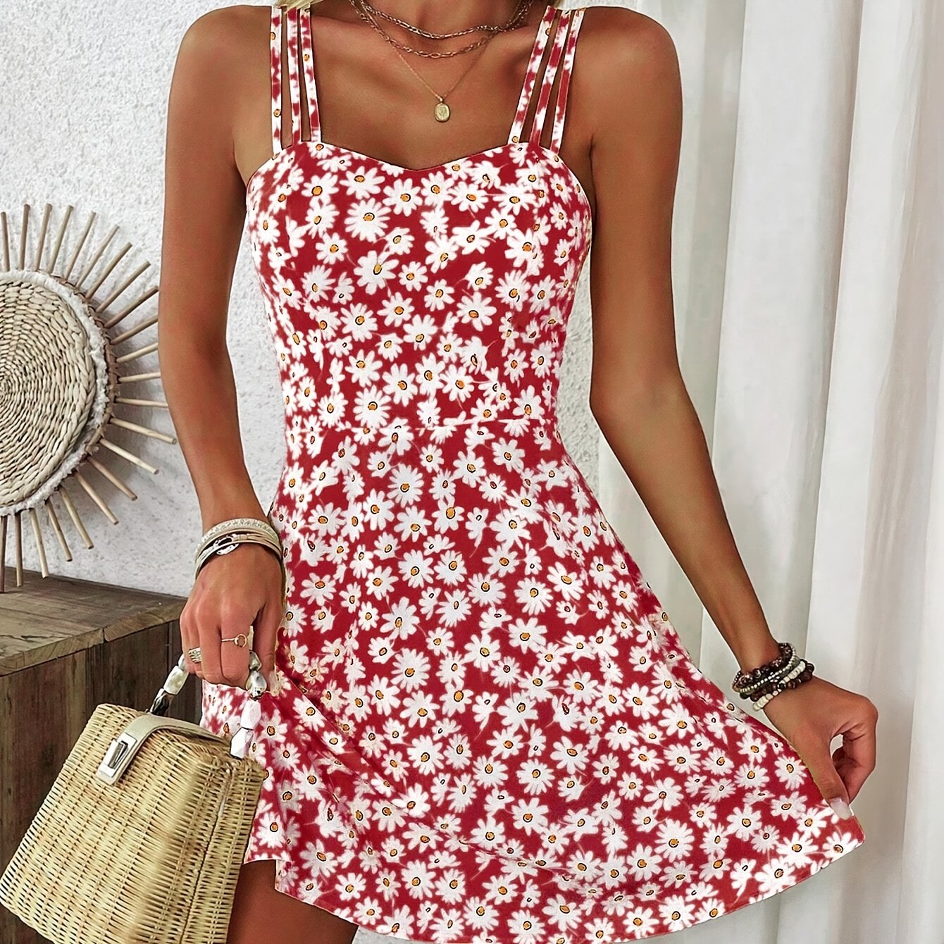 Minikleid mit Blumenmuster, Spaghetti-Träger, A-Linie