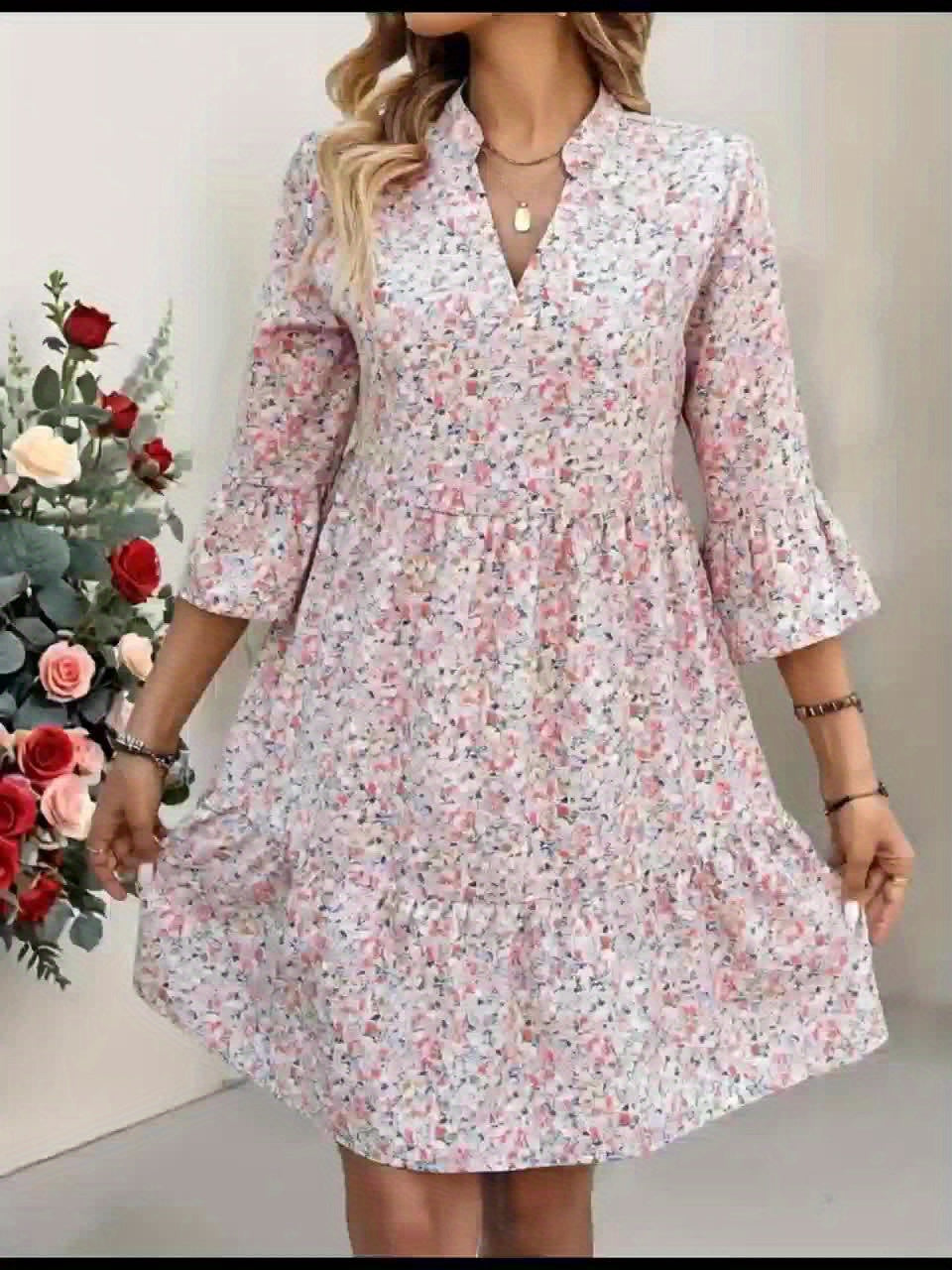 Geblümtes Minikleid mit herzförmigem Ausschnitt und gerafften Ärmeln Romantisches Sommeroutfit