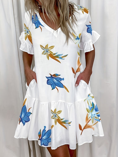 Sommerkleid mit V-Ausschnitt, Taschen, kurzen Ärmeln und Falten – Aus Polyester, Casual-Stil