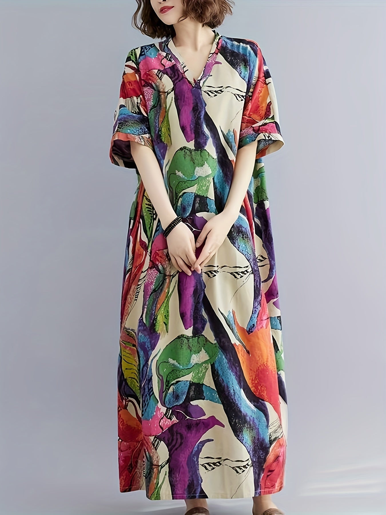 Luftiges Boho-Kaftan-Kleid – Plus Size, V-Ausschnitt, Taschen & Perfekt für Sommer & Urlaub