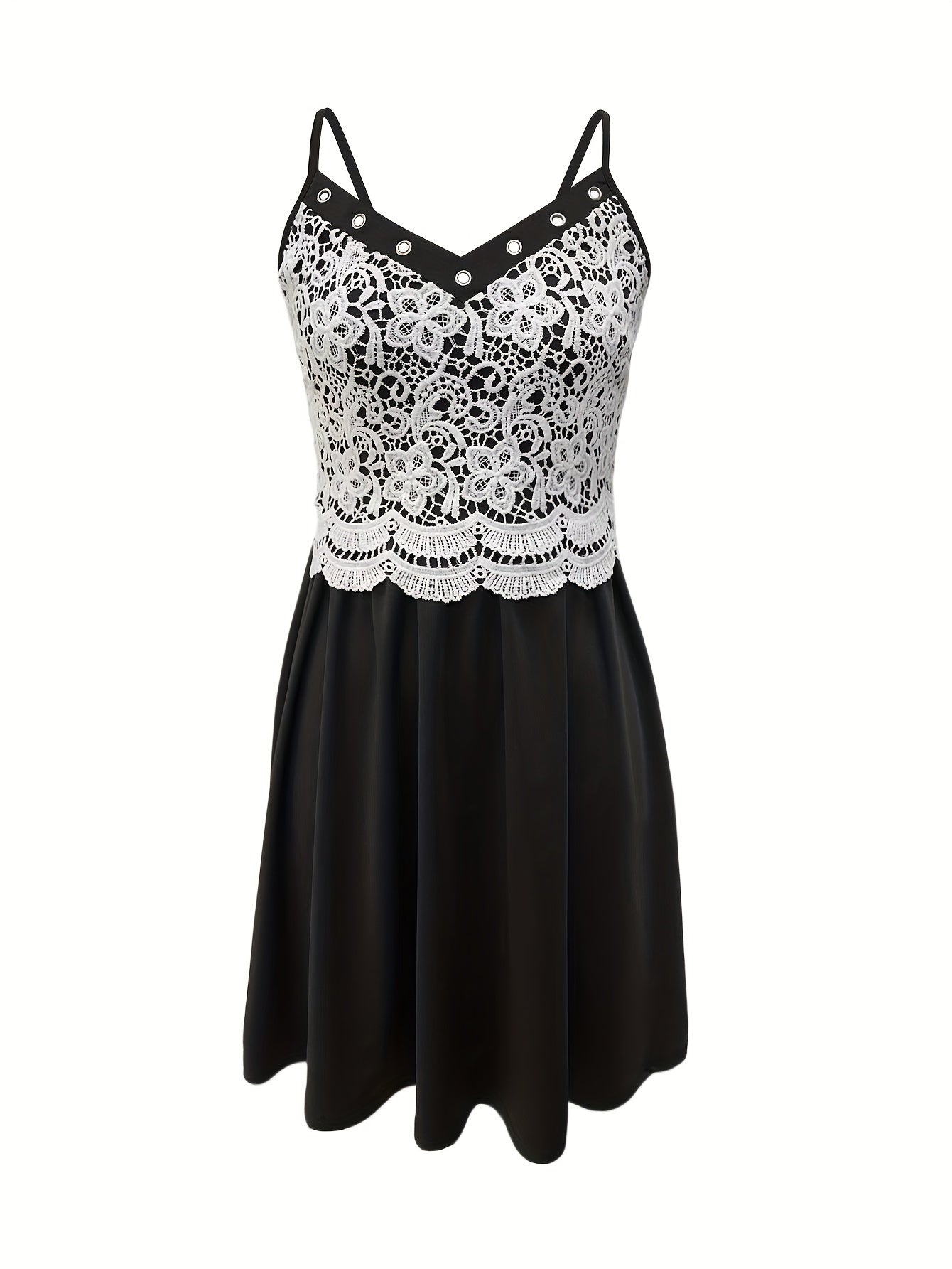 Ärmelloses V-Ausschnitt Sommerkleid mit Spitze Schwarz & Weiß, bequem für den Urlaub