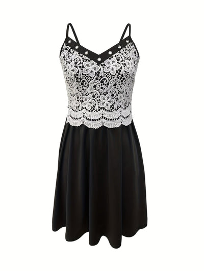 Ärmelloses V-Ausschnitt Sommerkleid mit Spitze Schwarz & Weiß, bequem für den Urlaub