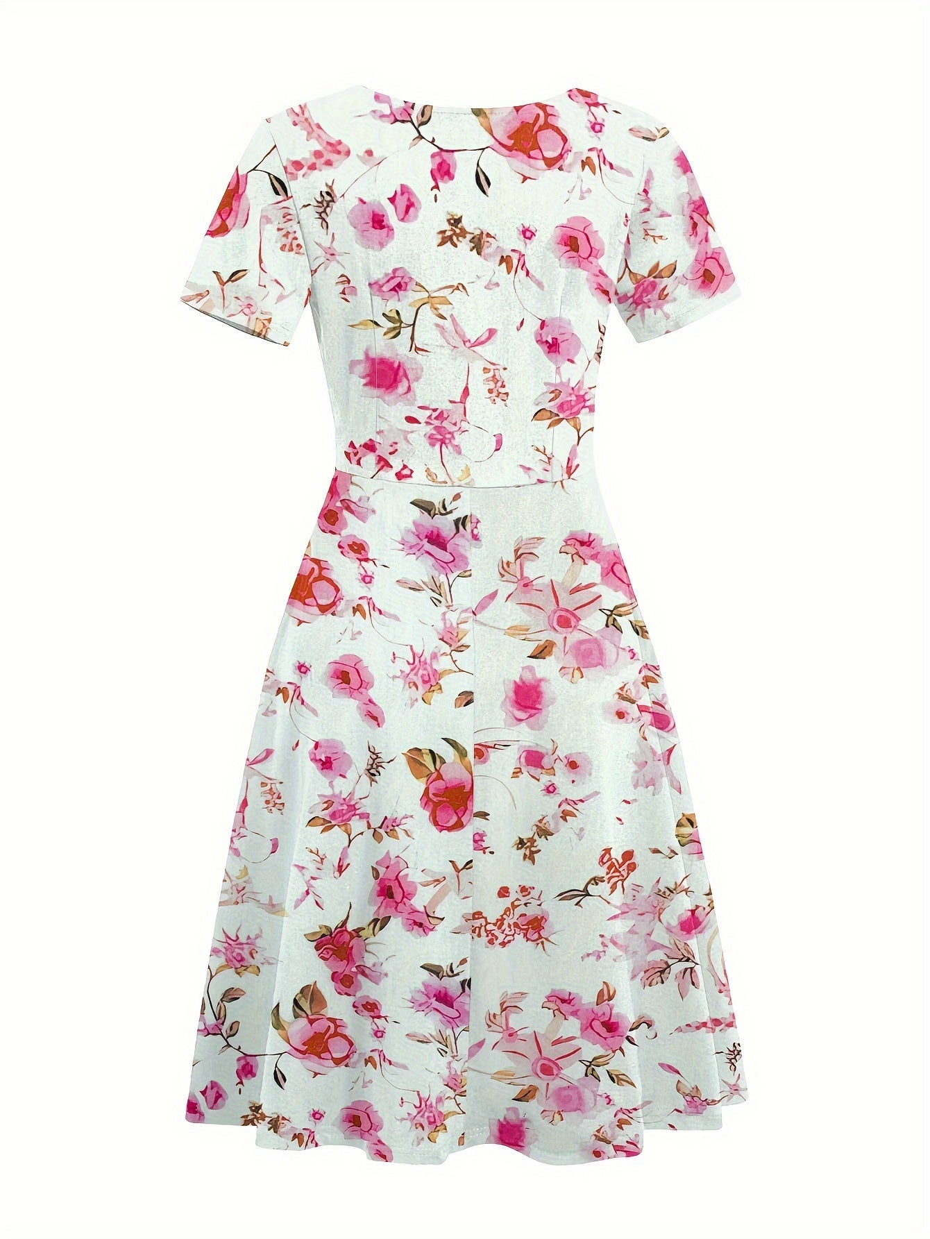 Elegantes Midikleid mit tropischem Blätterprint – V-Ausschnitt, kurze Ärmel