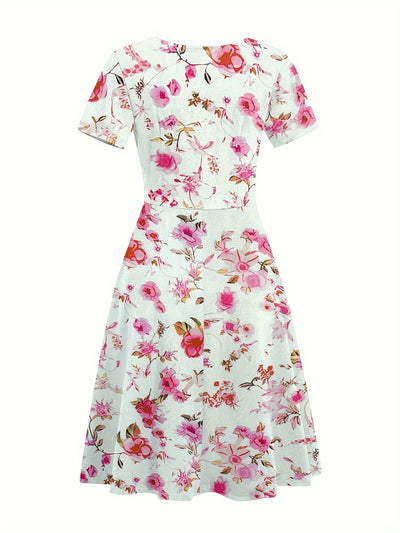 Elegantes Midikleid mit tropischem Blätterprint – V-Ausschnitt, kurze Ärmel