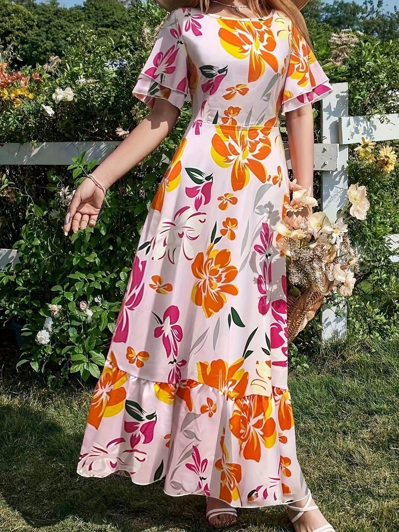 Langes Damen-Blumenkleid mit Rüschen - Multicolour