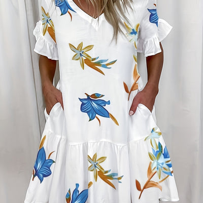 Sommerkleid mit V-Ausschnitt, Taschen, kurzen Ärmeln und Falten – Aus Polyester, Casual-Stil