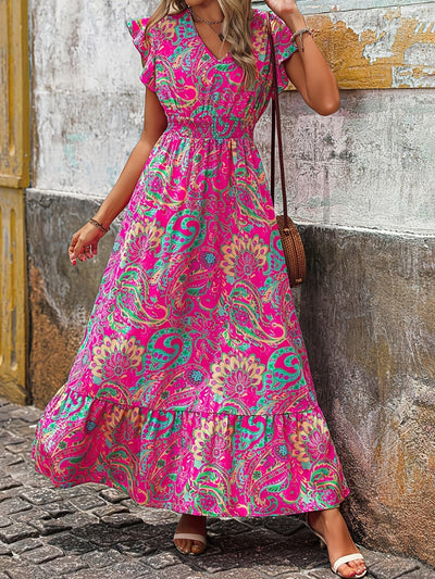 Rosa Midikleid für Damen mit V-Ausschnitt und Paisleymuster