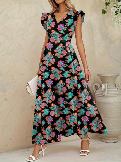 Elegantes langes geblümtes Kleid - V-Ausschnitt, Blumenärmel