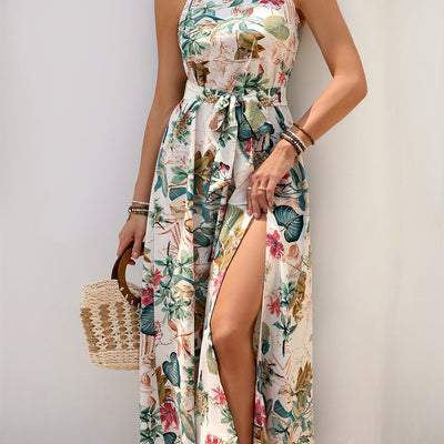 Trägerkleid mit Blumenmuster und Gürtel, Sommerkleid für den Urlaub