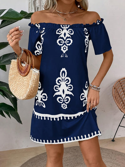 Antikes marineblaues Off-Shoulder-Kleid mit Blumenmuster