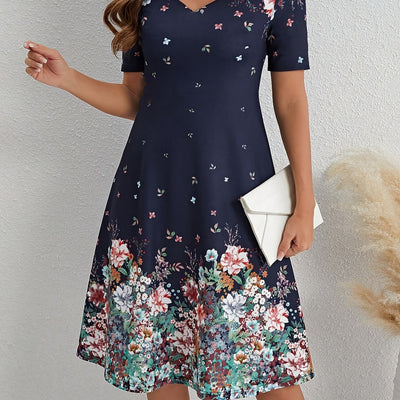 Marineblaues geblümtes Kleid mit S-Ausschnitt und Rüschensaum - Leichtes Midikleid