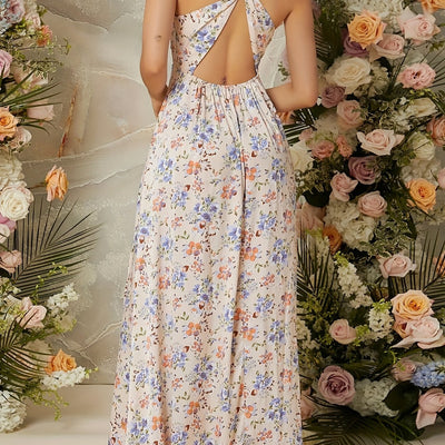 Kleid mit Blumenmuster und Schlitz - V-Ausschnitt und gekreuzte Träger