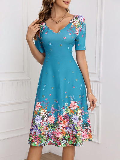 Marineblaues geblümtes Kleid mit S-Ausschnitt und Rüschensaum - Leichtes Midikleid