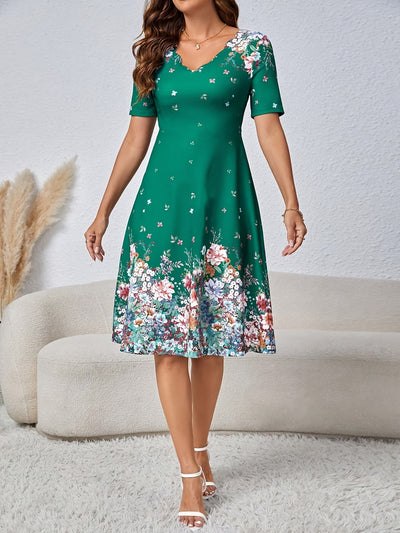 Marineblaues geblümtes Kleid mit S-Ausschnitt und Rüschensaum - Leichtes Midikleid