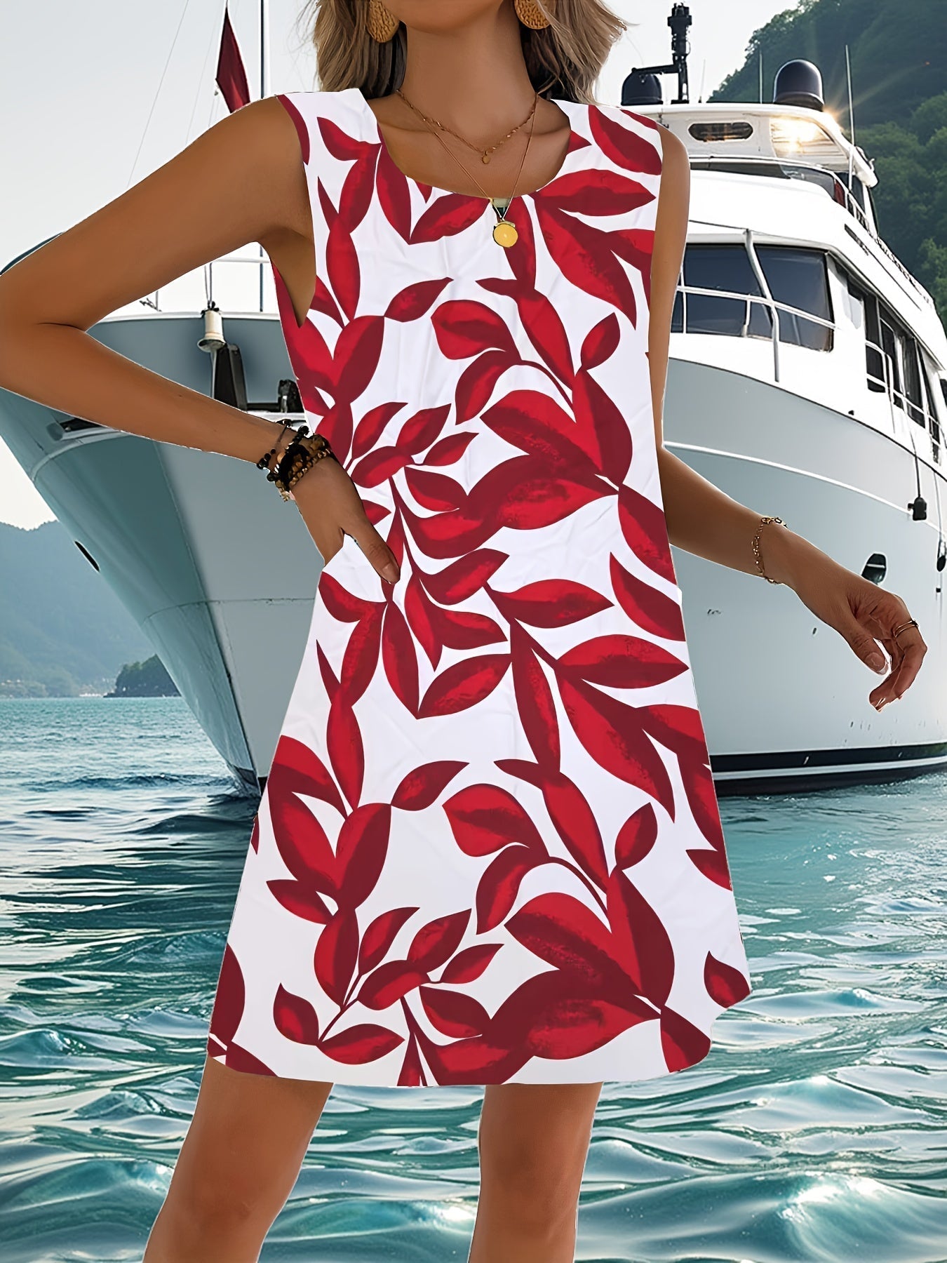 Elegantes rotes ärmelloses Sommerkleid mit Blumenmuster